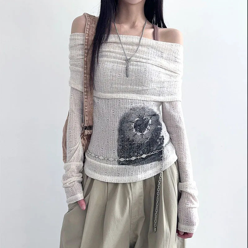 Rockmore Chic Retro One-Shoulder Printed Top Slim Thin Long Sleeve