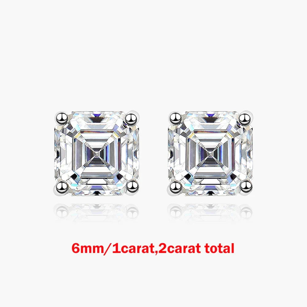 1/2/3CT Asscher Cut Moissanite Stud Earrings with Certificate Square Solitaire Lab Diamond Earring for Women S925 Silver Jewelry