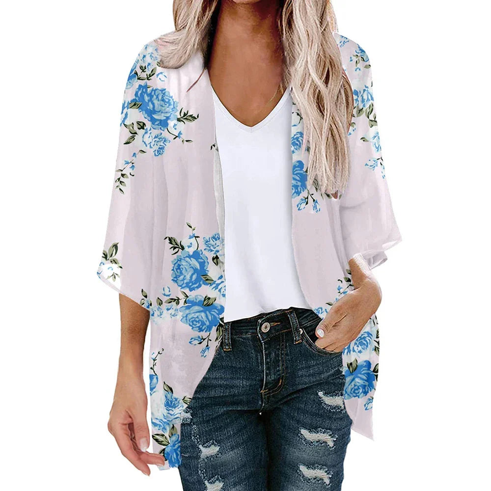 New Women Chiffon Blouse Kimono Tops Cardigan Leaves Print Beach Blouse Shawl Loose Hawaiian Outwear Swim Cover Up  Beach Wear