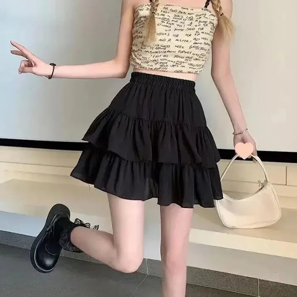 Pleated A-line Skirt White Women Ruffles Sweet Hottie Preppy Style
