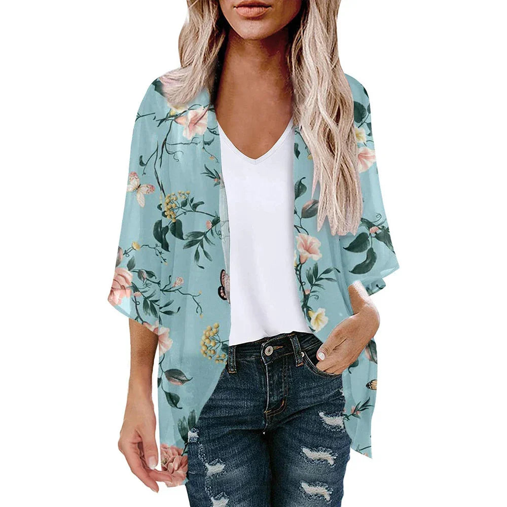 New Women Chiffon Blouse Kimono Tops Cardigan Leaves Print Beach Blouse Shawl Loose Hawaiian Outwear Swim Cover Up  Beach Wear