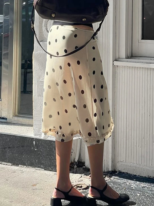Elegant England Style Dot Print Women Mid-Length Skirt  Edible Free