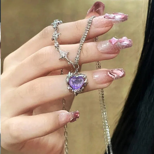 Y2K Purple Crystal Heart Pendant Necklace Women Sweet Cool Girl Punk
