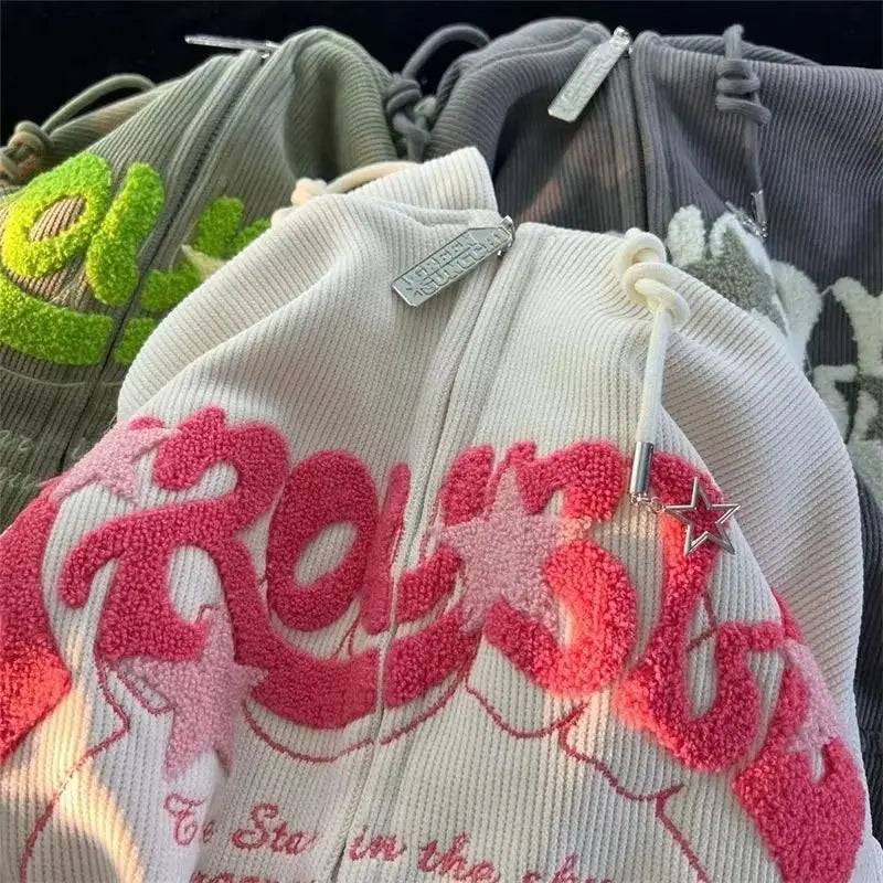 Autumn Long Sleeve Hooded Tops Fashion Zipper Embroidery Y2K Harajuku Streetwear Hoodies Jackrts Women Loose New Sweatshirts