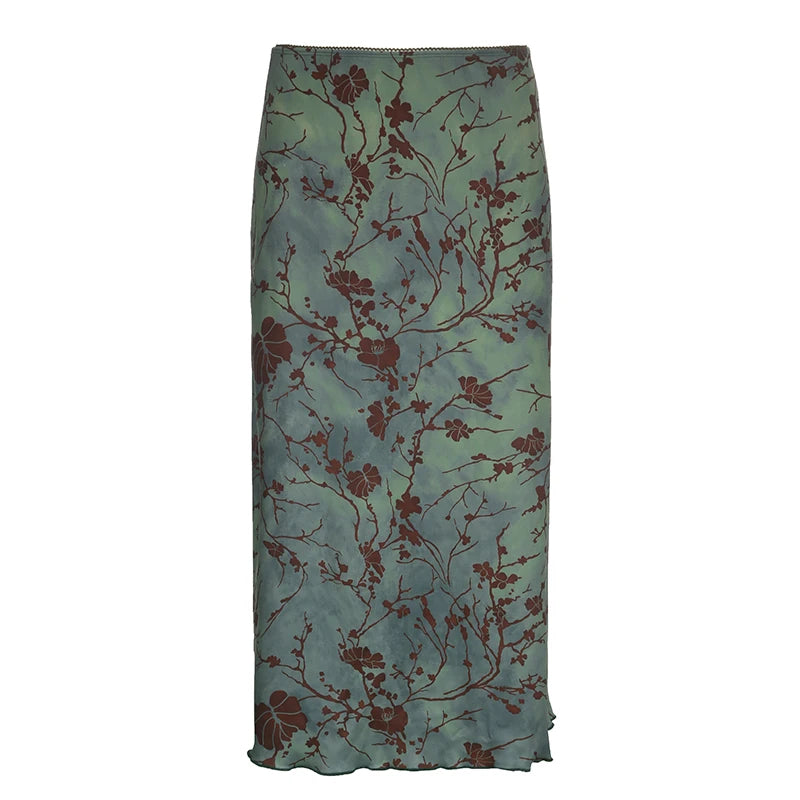 CIBBAR Harajuku Floral Print Long Skirt Vintage Low Rise Straight Midi