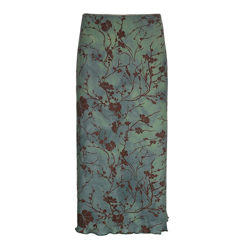 CIBBAR Harajuku Floral Print Long Skirt Vintage Low Rise Straight Midi