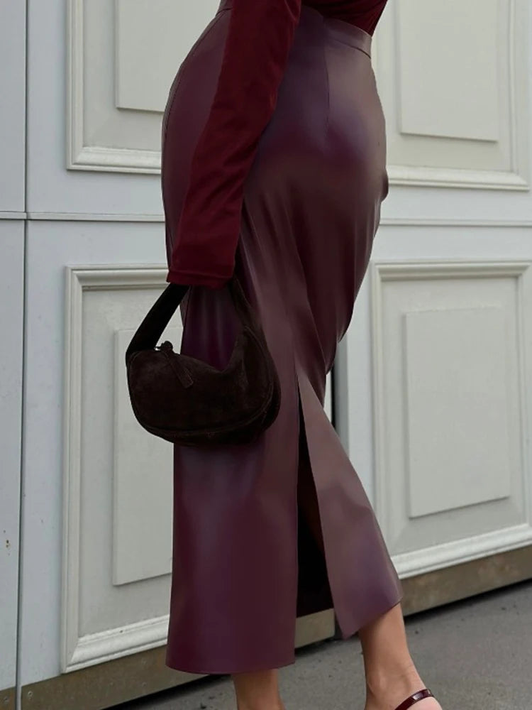 Trendix Women Elegant Burgundy Skirt High Waist Slim Fashion Slit Long