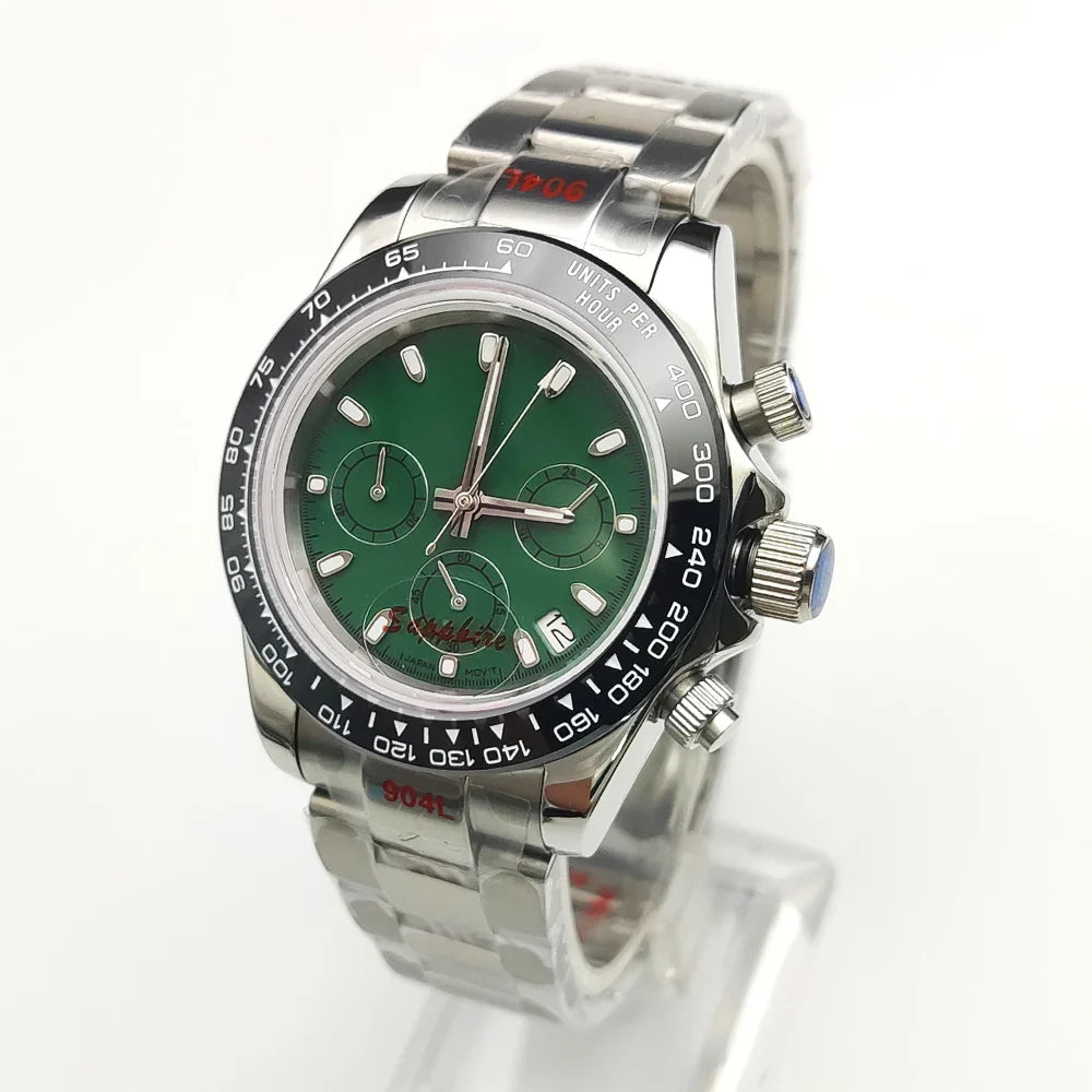 20 color Business 39mm Quartz Watch Men's Timing Sapphire Crystal VK63 Movement Calendar Luminous Blue Dial Stainless Steel Stra