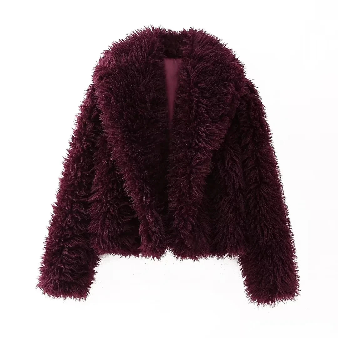 KONDALA 2025 Fall Winter Women Burgundy Casual Faux Fur Jackets Fashion Streetwear Turn Down Collar Warm Oversized Thick Coats