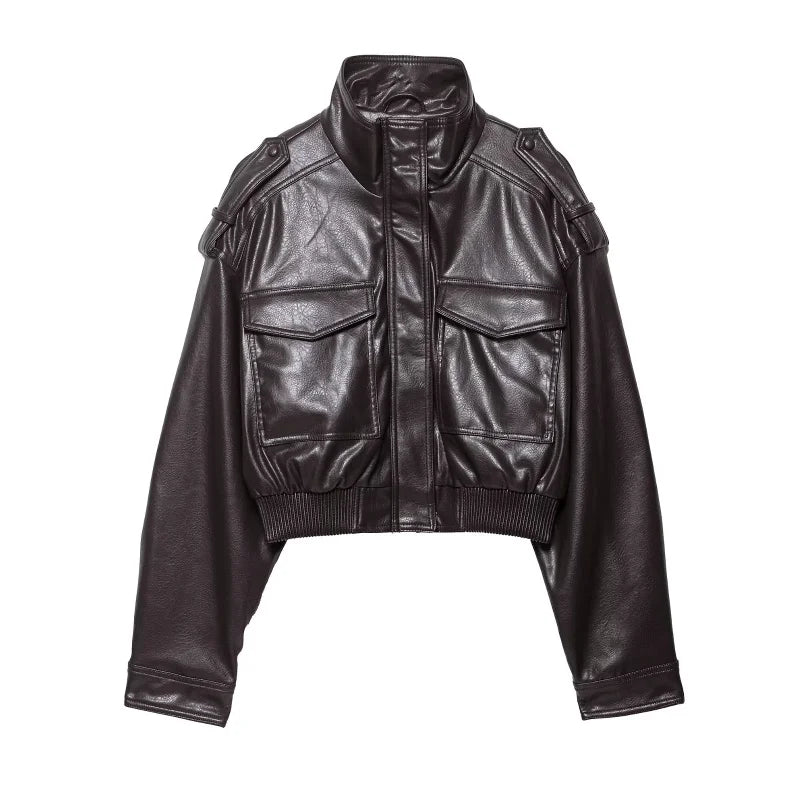 Vintage Zippers Short Leather Jackets Women's Casual Lapel Button Pockets Full Sleeve Coat 2025 Autumn New Lady Chic Streetwear