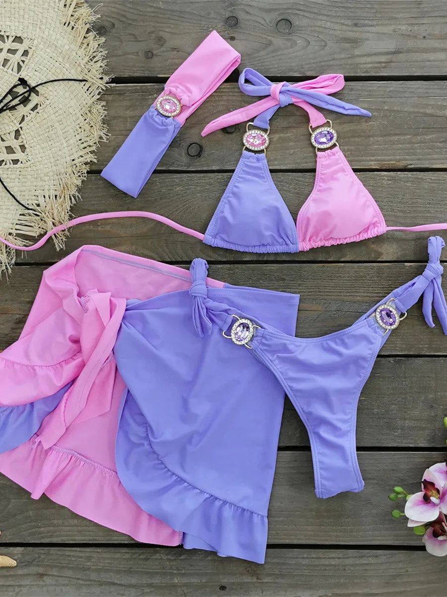 Sexy Skirt 4 Pieces Bikini Set Women Luxury Blue Patchwork Rhinestone Push Up Cover Up Swimsuit 2024 Beach Bathing Suit Swimwear