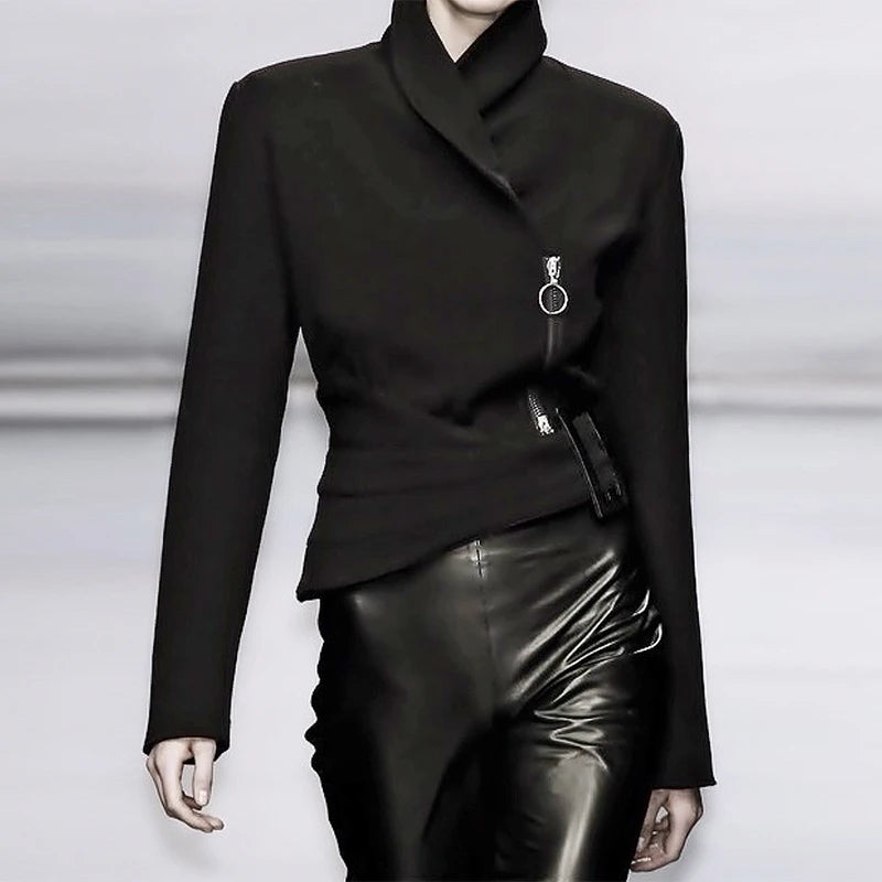 Modigirl Woman Autumn Winter Formal Evening Asymmetric Jackets 2025 New Long Sleeves Black Zipper Urban Casual Women's Outerwear