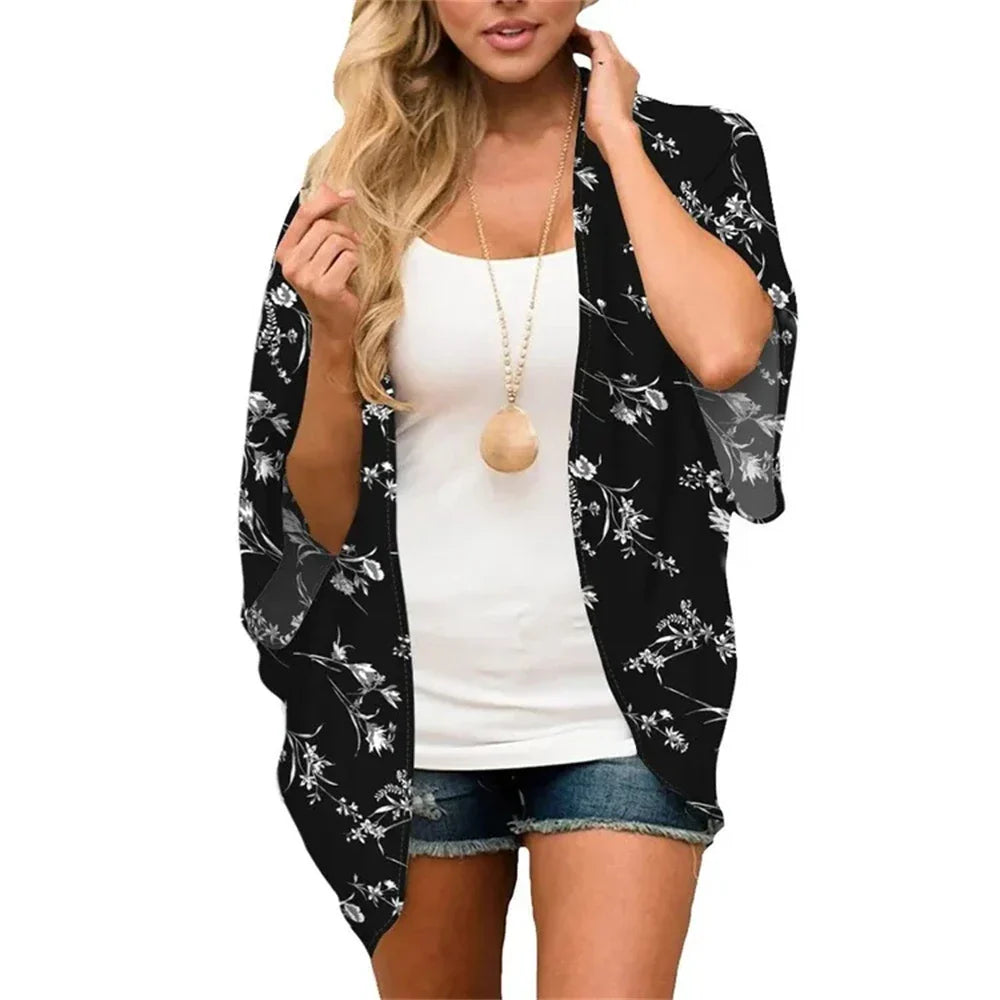 Women'S Swimwear 2023 Cardigans For Women Clearance Fashion Womens Middle Short Sleeve Print Chiffon Cardigan Beach Loose Tops