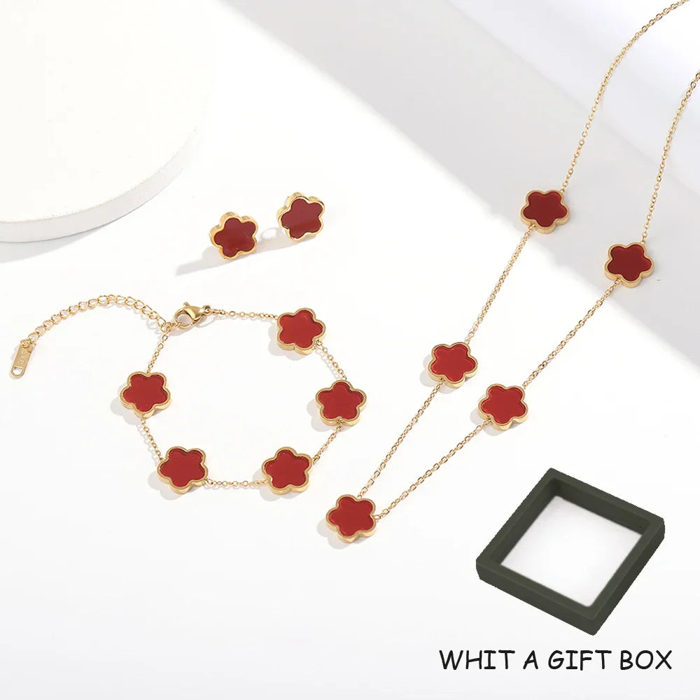 ALTERA 2023 High Quality Stainless Steel Luxury Five Leaf Flower Pendant Jewelry Set/3pcs for Women Clover Bracelet Jewelry Gift