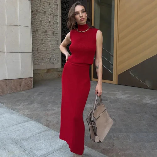 Tuularose Elegant Long Skirt Two-piece Set Women's Sleeveless Knitted