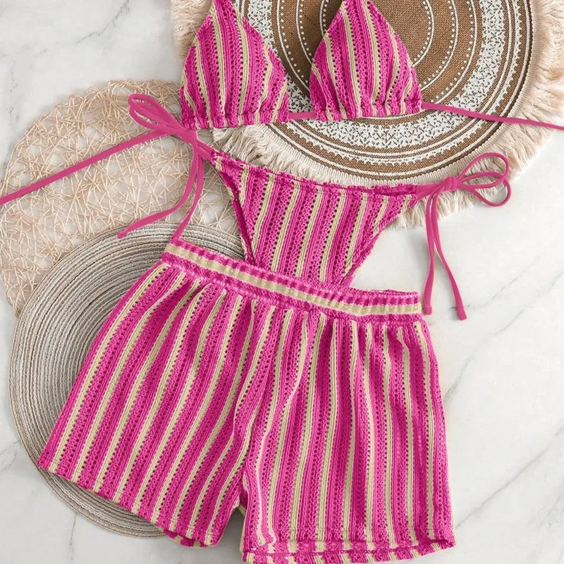 New 3 Piece Vacation Swimsuit Set - Sexy Mesh Tie-Up Bikini with High Cut Bottoms for Women Multi-Color Beachwear