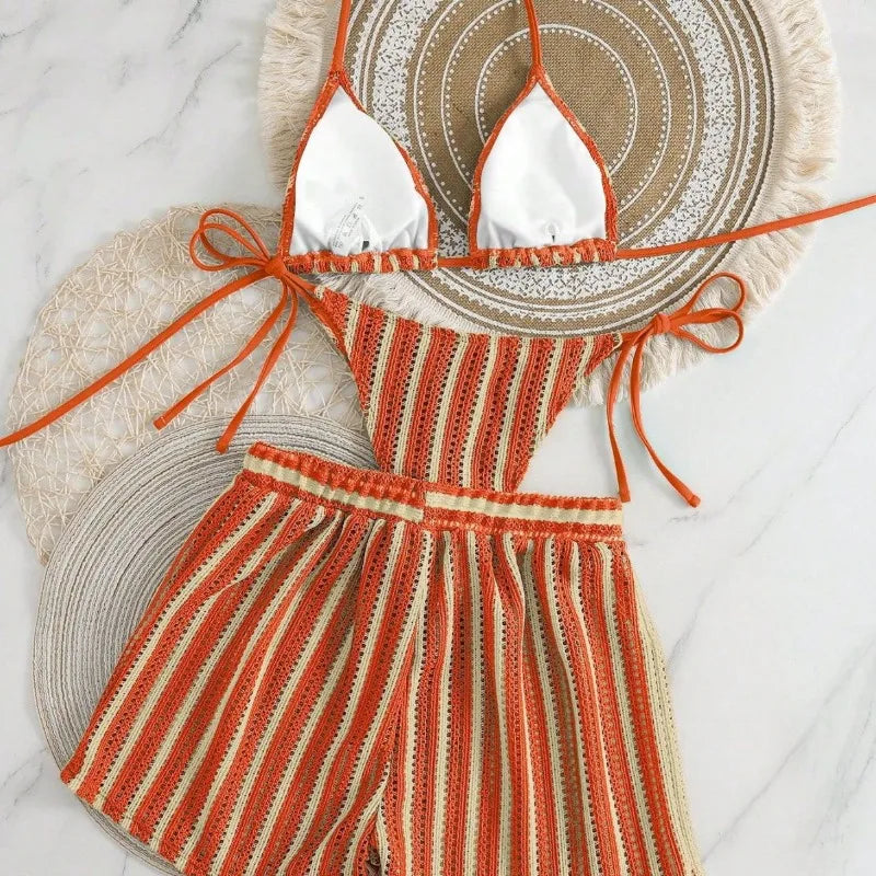 New 3 Piece Vacation Swimsuit Set - Sexy Mesh Tie-Up Bikini with High Cut Bottoms for Women Multi-Color Beachwear