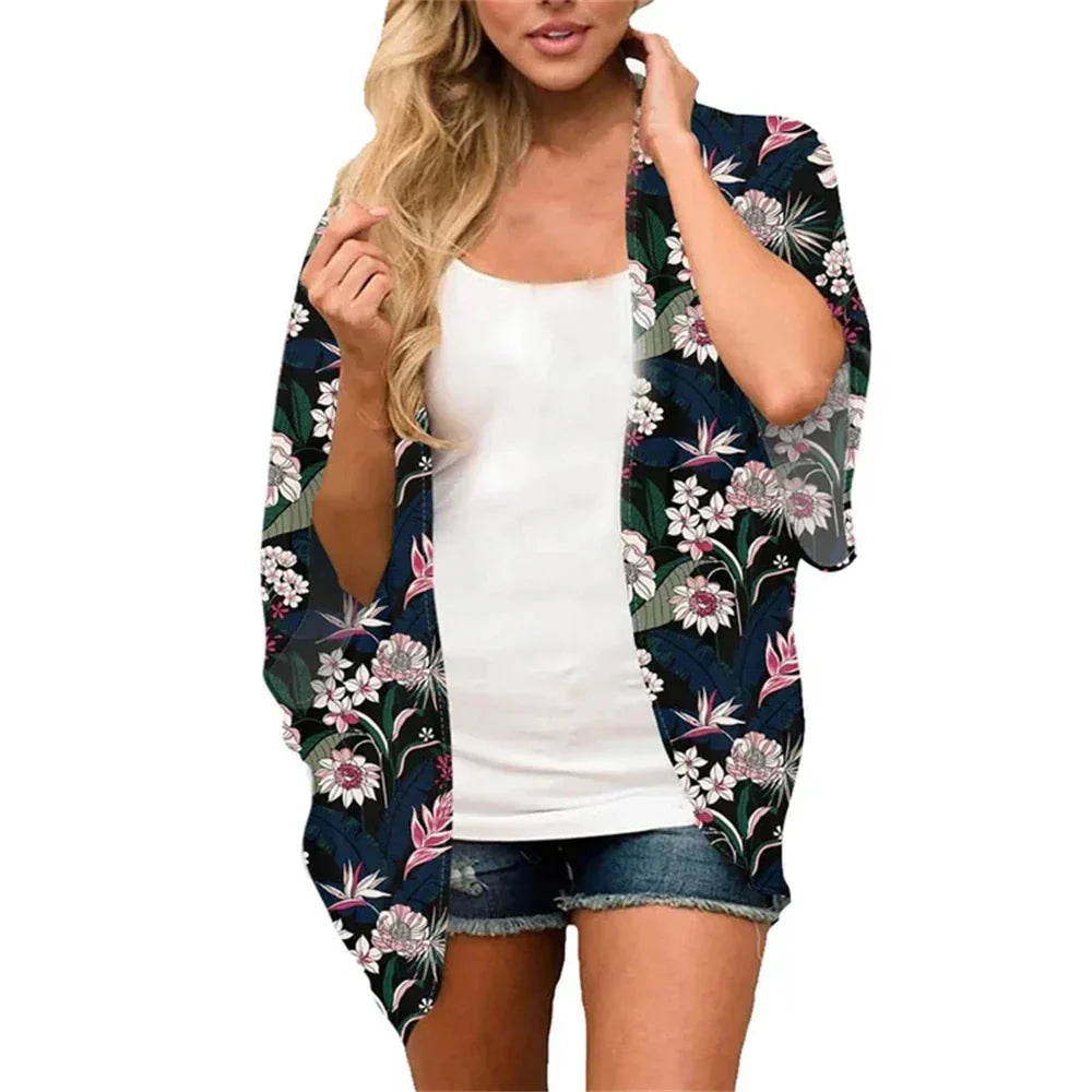 Women'S Swimwear 2023 Cardigans For Women Clearance Fashion Womens Middle Short Sleeve Print Chiffon Cardigan Beach Loose Tops