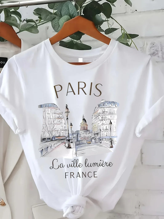 Paris Women Print T-shirt Girl Short Sleeve Crew Neck Casual Top for