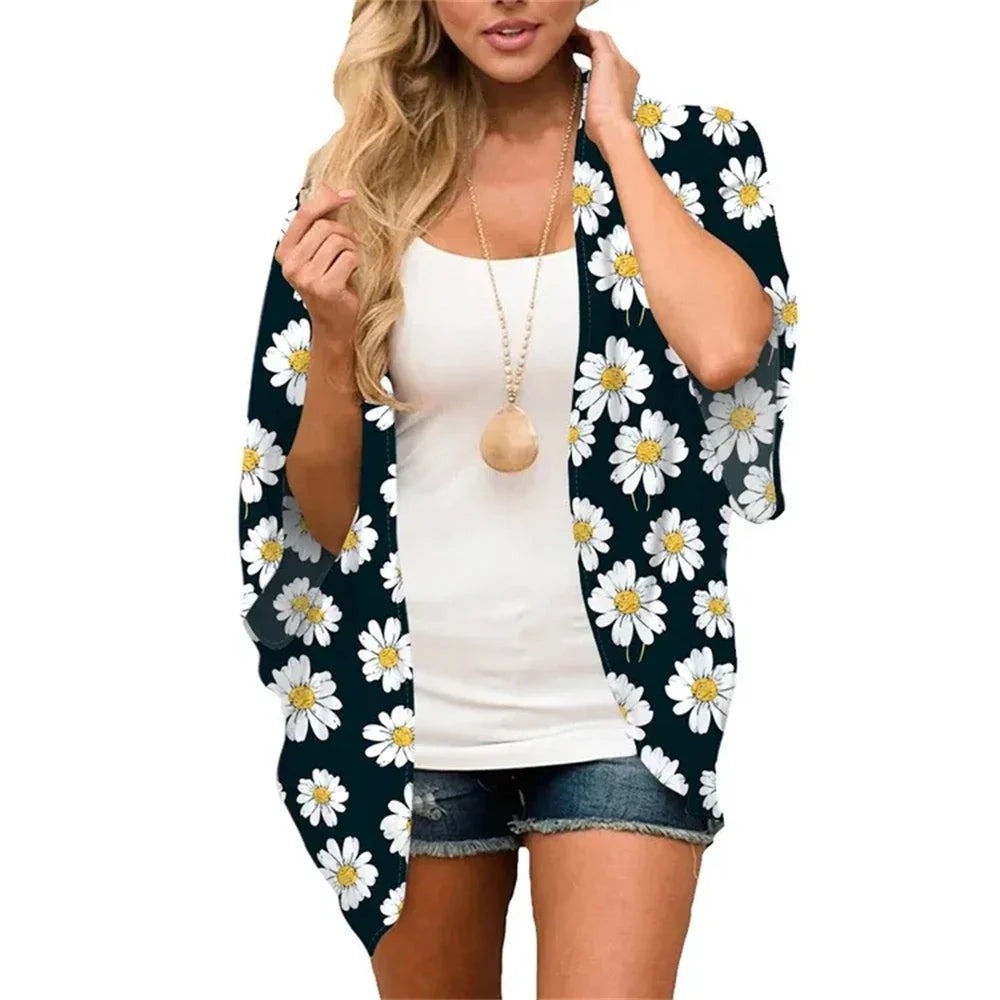 Women'S Swimwear 2023 Cardigans For Women Clearance Fashion Womens Middle Short Sleeve Print Chiffon Cardigan Beach Loose Tops