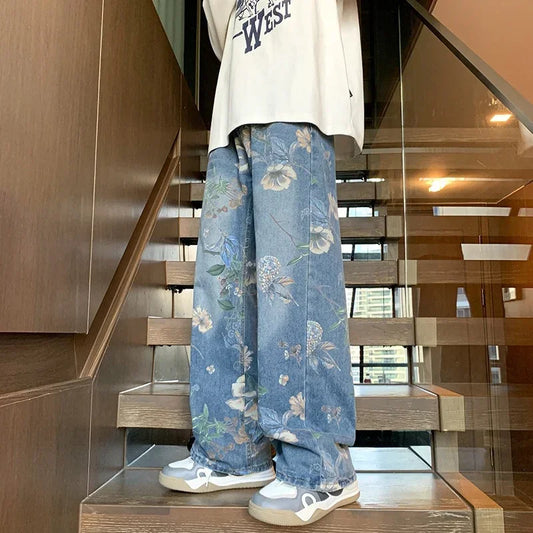 Autumn Floral Printed Jeans For Men 2024 New Y2K Vintage Denim Pants