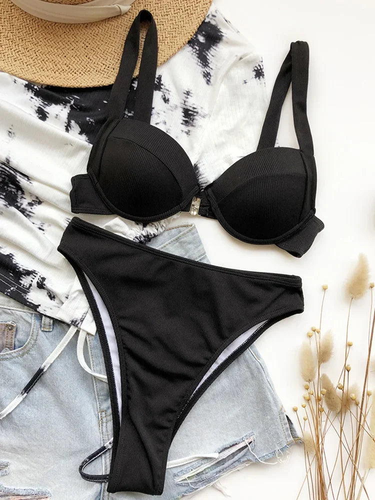 Sexy Ribbed Bra Cup High Waist Bikini Women Swimsuit Female Swimwear Two Pieces Bikini set Push Up Bather Bathing Suit Swim Lady