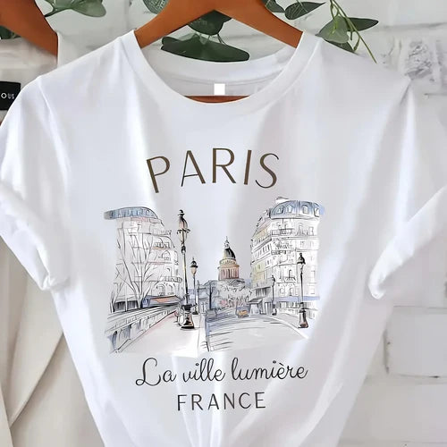Paris Women Print T-shirt Girl Short Sleeve Crew Neck Casual Top for