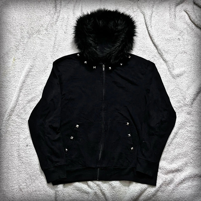 Y2K Harajuku Aesthetic Women's Fur Collar Hoodie Sexy Slim Chic Casual Solid Color Cardigan Sweatshirt Goth Punk Rock Streetwear