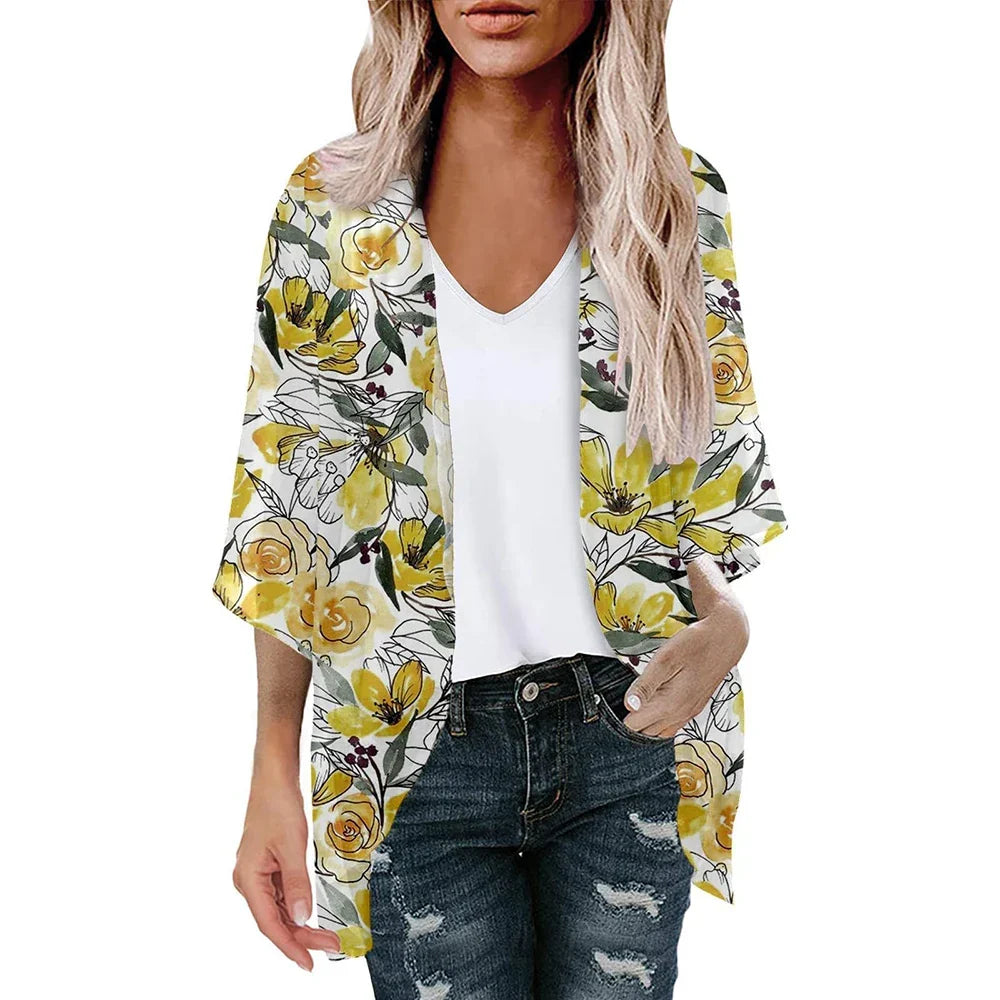 New Women Chiffon Blouse Kimono Tops Cardigan Leaves Print Beach Blouse Shawl Loose Hawaiian Outwear Swim Cover Up  Beach Wear