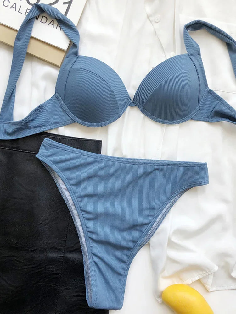 Sexy Ribbed Bra Cup High Waist Bikini Women Swimsuit Female Swimwear Two Pieces Bikini set Push Up Bather Bathing Suit Swim Lady