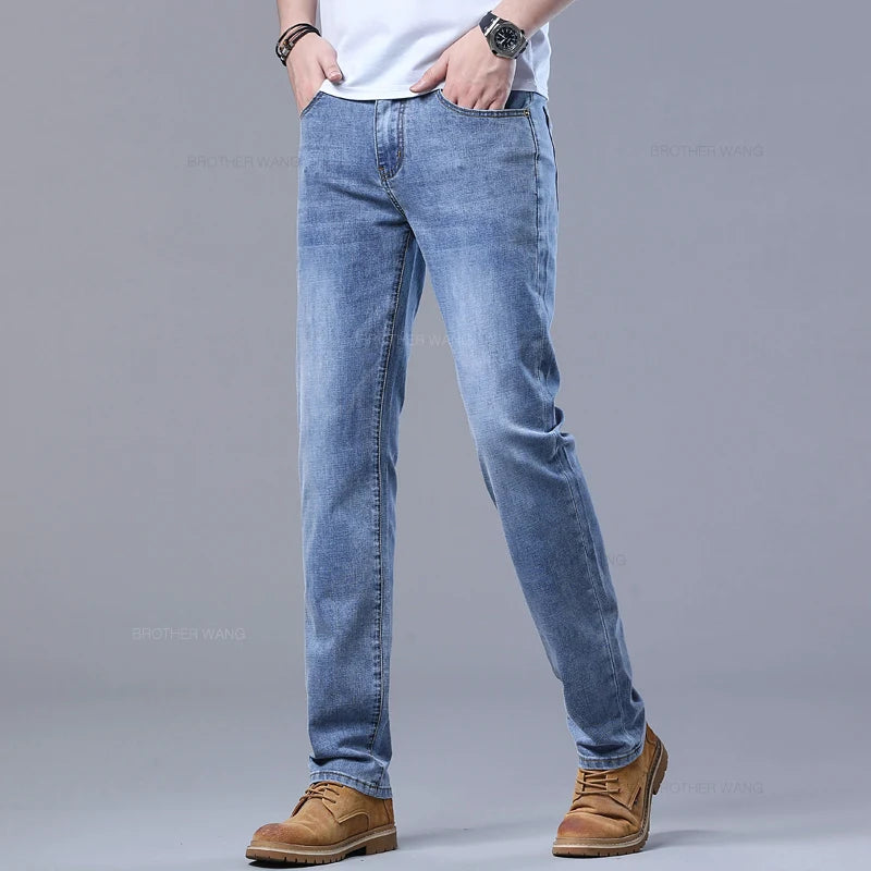 Spring Men's Light Blue Slim Jeans Stylish Casual Stretch Fabric Denim