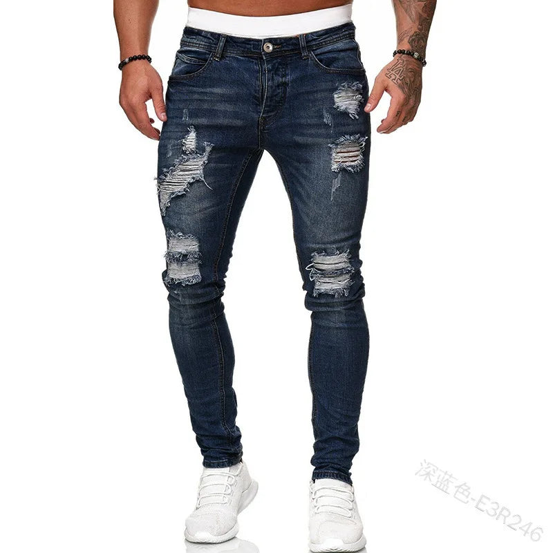 Ripped Mid Waist Slim Fit Men Jeans Vintage Denim Wash Solid Punk