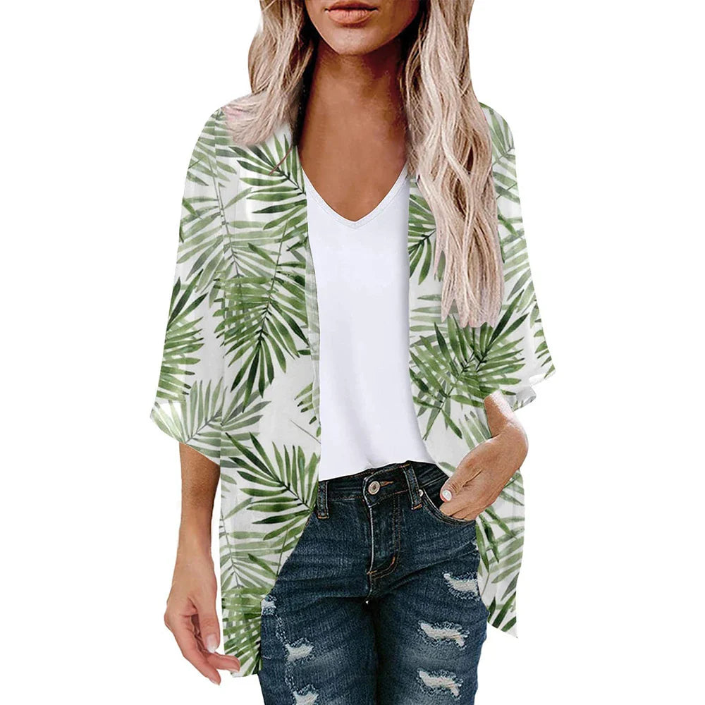 New Women Chiffon Blouse Kimono Tops Cardigan Leaves Print Beach Blouse Shawl Loose Hawaiian Outwear Swim Cover Up  Beach Wear