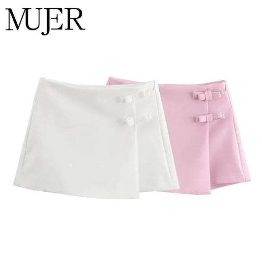 MUJER 2025 Pink White Mini Skirt Woman Fashion Bow Skort For Women