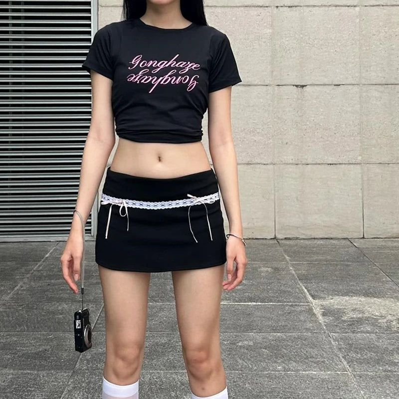 Xeemilo Chic Lace Stitch Black Skirt Y2K Bow Lace Up High-waist Hip