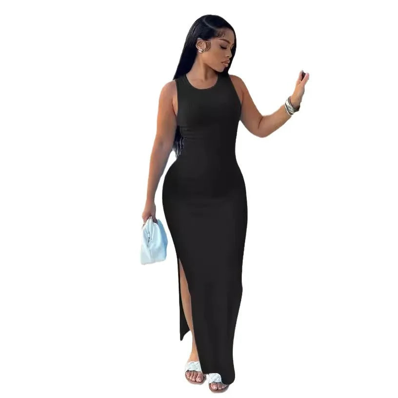 Summer Women's Fashion Purple Round Neck Slim Fit Split Dress Sexy