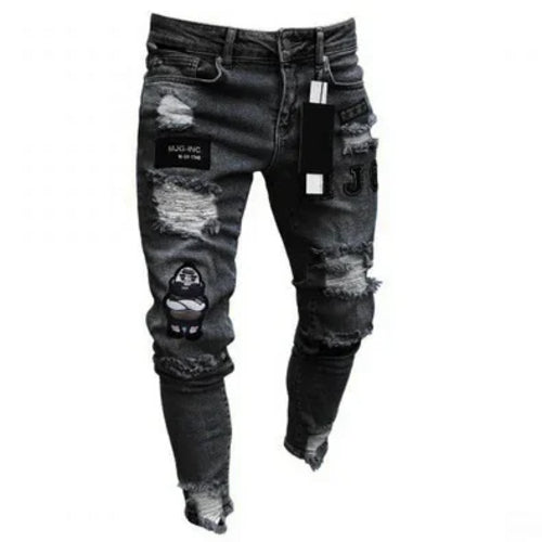 Punk Plus Size Pants Men Skinny Ripped Hole Patchwork Jeans Slim