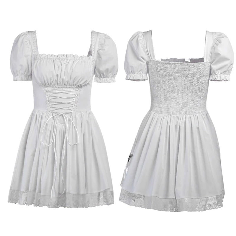 Women’s Sweet Puff Sleeve A-line Dress Summer Fairycore Lolita Solid