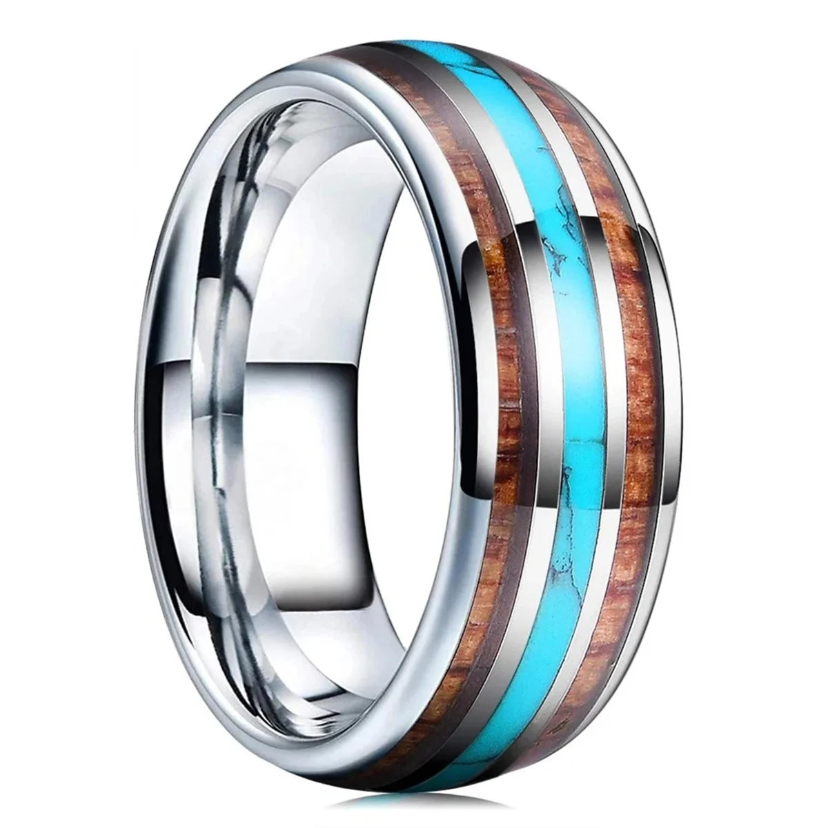 Fashion 8mm Black Stainless Steel Guitar String Rings for Men Whiskey Barrel Wood Inlay Guitarist Ring Men Wedding Band Jewelry