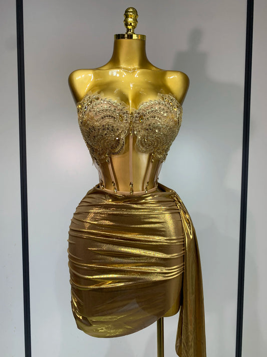 Women Sexy Strapless Sequins Rhinestone Gold Dress Glitter Top Two Pieces Sets Birthday Evening Party Club Singer Stage Outfit