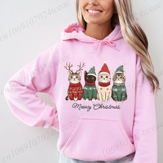 Meowy Christmas Cat Print Women Fashion Hoodies Girl Clothing Funny Merry Christmas Sweatshirts Tops Female Casual Tops Clothing