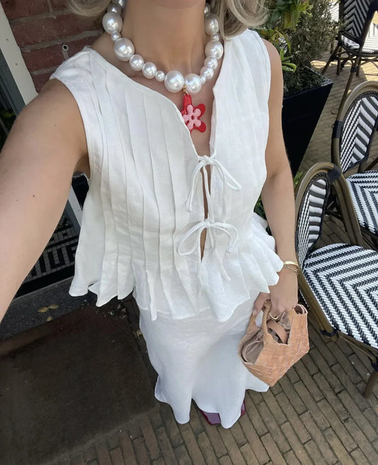 Fashion Bow Lace Up Shirts Women Cotton Linen Hollow Out Sleeveless