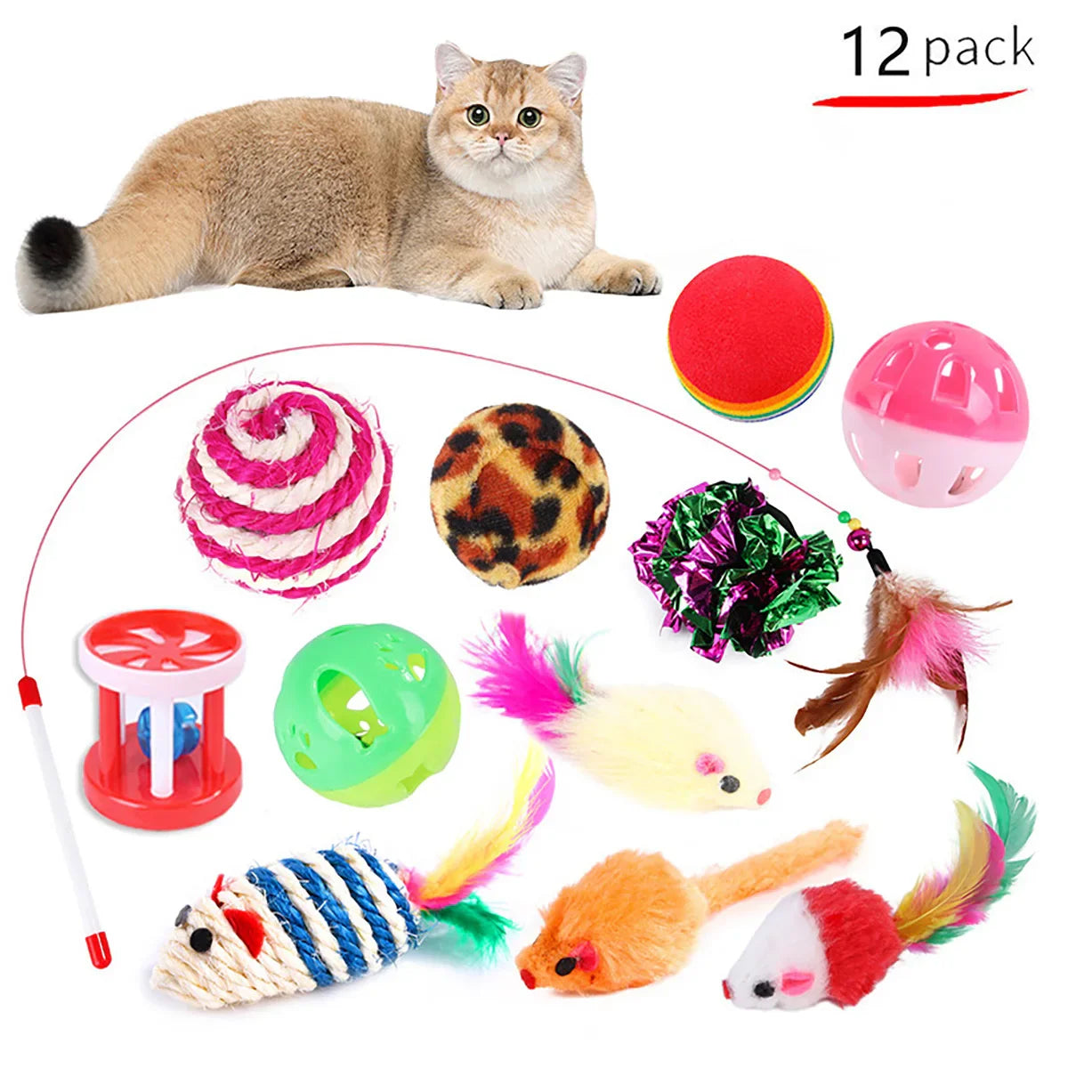 12Pcs/20 Pcs Pet Kitten Toys Variety Cat Toy Combination Set Cat Toy Funny Cat Stick Sisal Mouse Bell Ball Cat Supplies