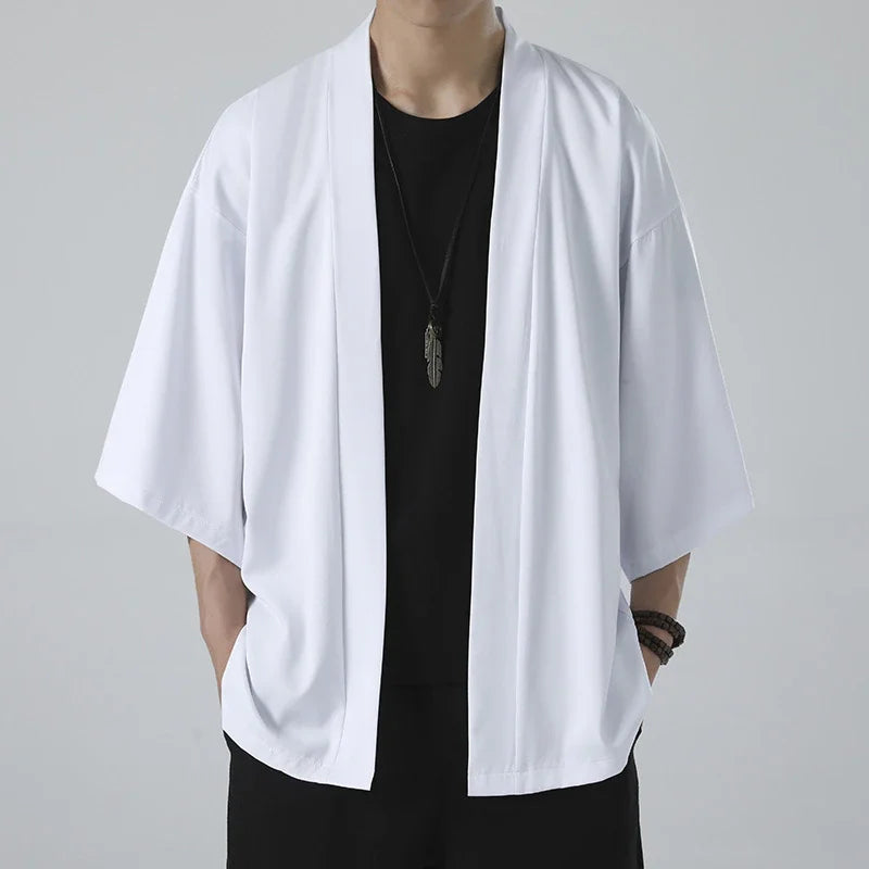 Kimono Men Cloak Kimono Para Hombre Black Coat White Cloak Beach Shirt