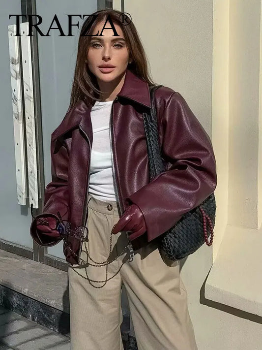 TRAFZA Wine Red Faux Leather Jakcet Fashion Outerwear Thicken Zipper
