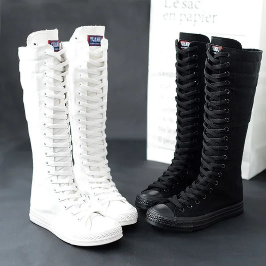 Canvas Long Boots for Women High Top Women Canvas Shoes Lace Up Knee