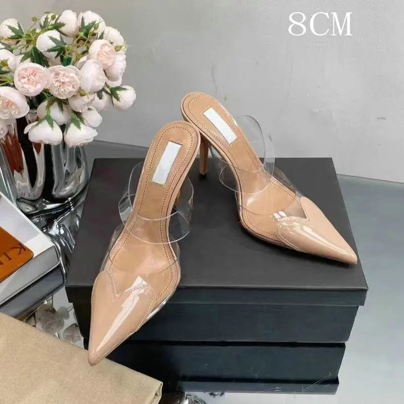 6cm/8cm/10cm High Heels Summer Transparent Sexy Patchwork Color Sandals Women'S Half Pointed Female Slippers