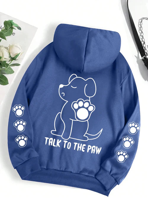 Talk To The Paw Funny Dog Cartoon Print Hoodie Women Warm Fleece Hoody