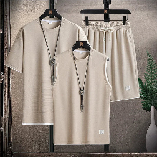 Waffle Pattern 3 Piece Men Short Sleeve Shorts Set Harajuku Japan