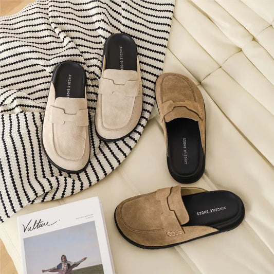 Leather baotou slippers women's half slippers 2024 spring and summer new wear soft bottom thick bottom lazy slippers